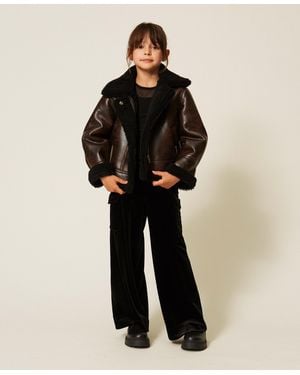 Twinset Bómber Con Efecto Piel Y Pelo Sintético, Mujer - Negro