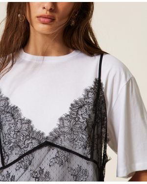 Twinset Crew Neck T-Shirt And Lace Top, Two-Tone "Lucent" - Grey