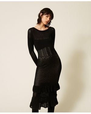 Twinset Maxi-Strickkleid Aus Wollmischung Mit Volant, Damen - Schwarz