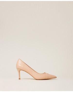 Twinset Mid Heel Leather Court Shoes - Natural