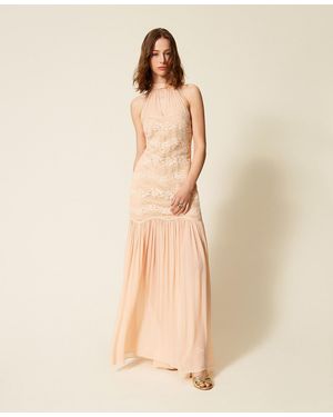 Twinset Long Macramé Lace And Georgette Dress - Natural