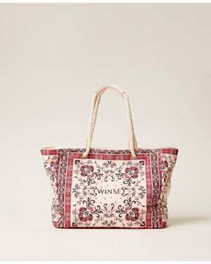 Twinset Canvas Shopper Bag With Print - Pink