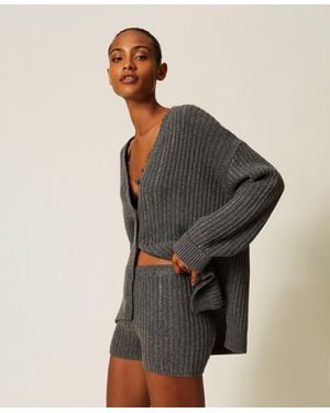 Twinset Wool Blend Knit Shorts With Rhinestones - Black