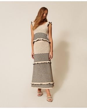 Twinset Long Striped Skirt With Ruffles - Natural