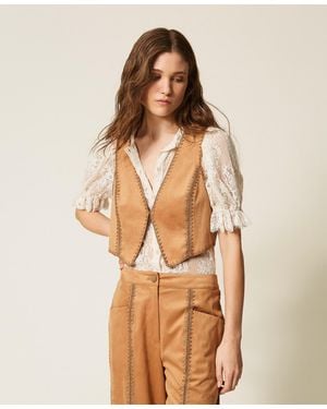 Twinset Suede Waistcoat With Embroidery - Natural