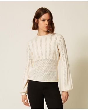 Twinset Crew Neck Punched Knit Jumper - Natural