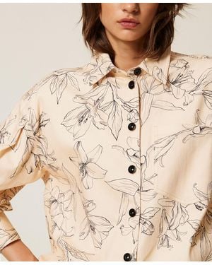 Twinset Bull Shirt With A Floral Print, "Crystal Sand" Flock Print - Natural
