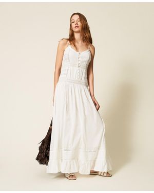 Twinset Long Muslin Dress With Lace And Ruffles - Natural