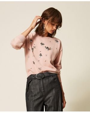 Twinset Jersey De Cuello Redondo Con Bordado, Mujer - Negro