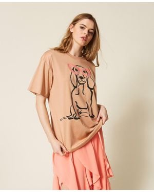 Twinset Myfo Oversize T-Shirt With Print And Embroidery - Natural