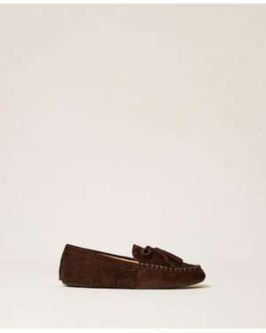 Twinset Suede Loafers With Fringes - Natural