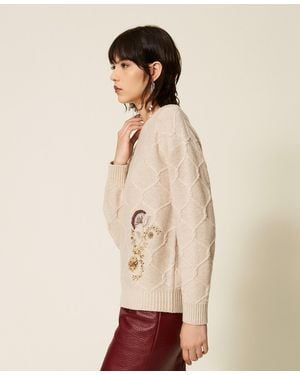 Twinset Crew Neck Wool Jumper With Floral Embroidery - Natural