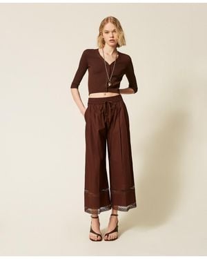 Twinset Wide Poplin Trousers With Embroidery - Natural
