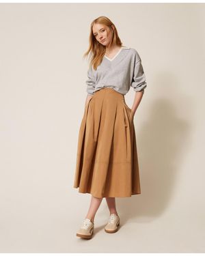 Twinset Midi Taffeta Skirt With Pleats - Natural