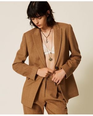 Twinset Wool Blend Blazer With Chevron Pattern - Brown