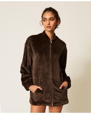 Twinset Short Faux Fur Dressing Gown With Zip - Brown