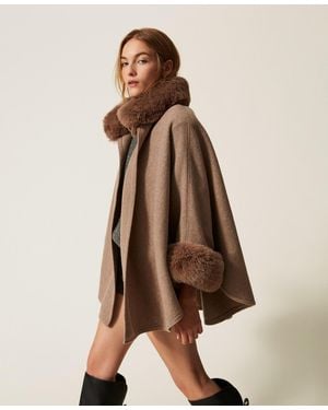 Twinset Poncho De Paño Con Pelo Sintético - Neutro