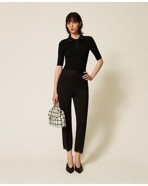 Twinset Straight Trousers With Broderie Anglaise - Natural