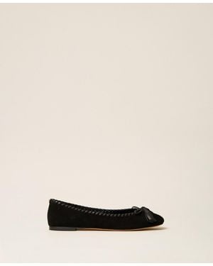Twinset Suede Ballet Flats With Bow - Natural