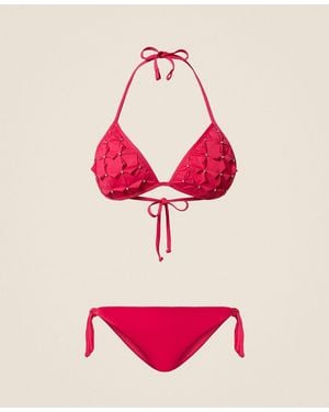 Twinset Triangle Bikini Top With Embroidery And Thong Bottoms - Pink