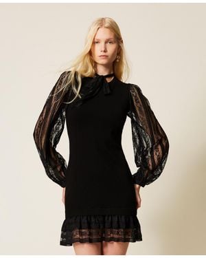 Twinset Short Knit Dress With Lace - Black