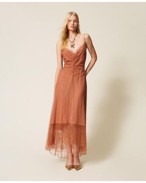 Twinset Long Plumetis Tulle Dress With Lace - Natural