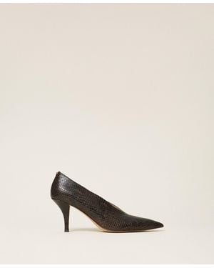 Twinset Pumps Aus Leder Mit Pythonprägung, Damen - Natur