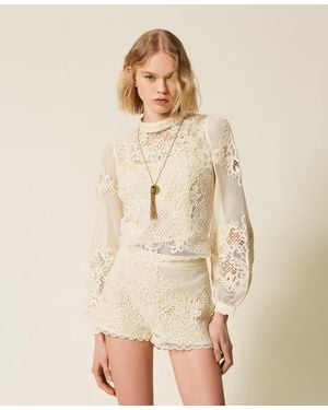 Twinset Mesh Blouse With Embroidery - Natural