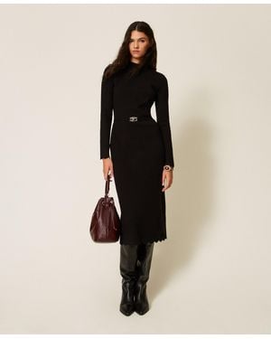 Twinset Long Knit Dress With Belt - Natural