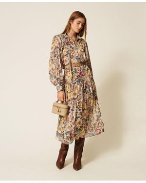 Twinset Long Crépon Floral Dress - Natural