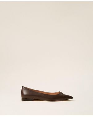 Twinset Leather Ballerina Flats With Logo - Natural