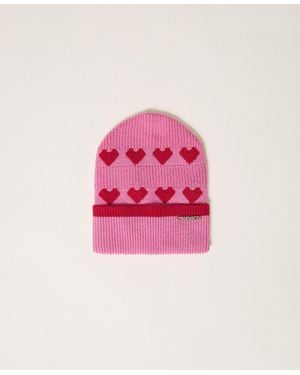 Twinset Baby's Jacquard Knit Beanie With Heart Pattern, Two-Tone Azalea/ - Pink