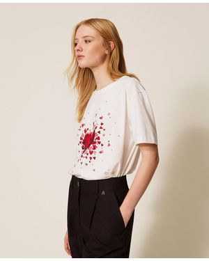 Twinset T-Shirt With Print And Rhinestones - Natural