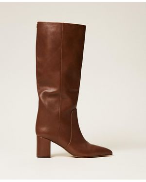 Twinset High Leather Boots, "Nut" - Brown