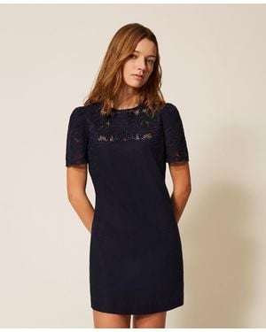 Twinset Short Linen Blend Dress With Embroidery - Blue