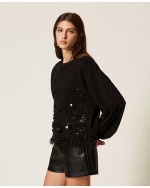 Twinset Sweatshirt With Embroidery And Feathers - Black