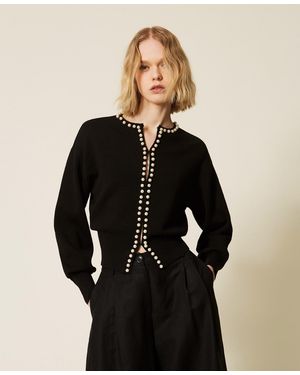 Twinset Cardigan With Pearl Embroidery - Black