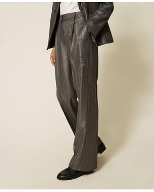 Twinset Pinstriped Palazzo Trousers With Embroidery - Multicolour