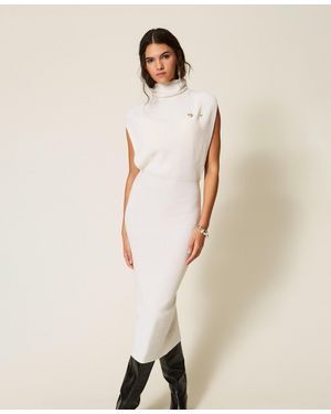 Twinset Maxi-Strickkleid Aus Wollmischung Mit Brosche - Natur