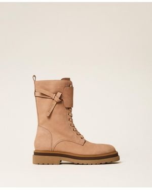 Twinset Leather Combat Boots With Insert - Natural