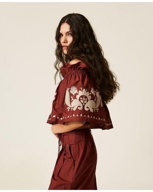 Twinset Poplin Off-Shoulder Top With Embroidery - Multicolour