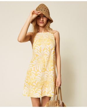 Twinset Short Printed Poplin Dress - Natural