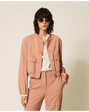 Twinset Twill Bomber Jacket With Pockets - Natural