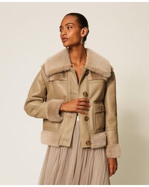 Twinset Chaqueta Con Efecto Piel Y Pelo Sintético - Neutro