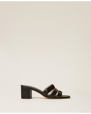 Twinset Leather Mules With Logo - Natural
