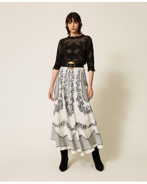Twinset Jacquard Satin Long Skirt With Floral And Polka Dot Pattern - Natural