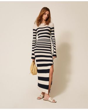 Twinset Long Seamless Knit Dress With Stripes - Natural