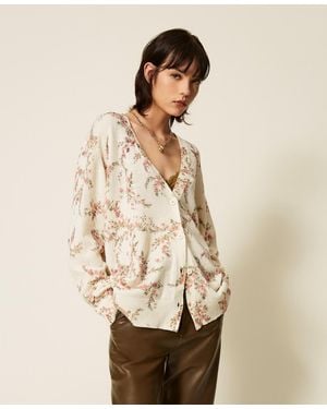 Twinset Wool Blend Knitted Maxi Cardigan With Floral Pattern - Natural