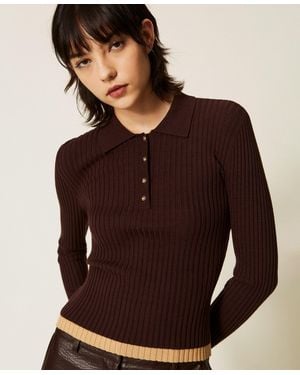 Twinset Jersey De Estilo Polo Acanalado, Mujer, Bicolor Chocolate Plum Marrón "Iced Coffee"