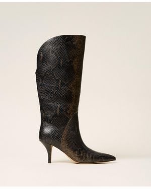 Twinset Python Print High Leather Boots - Black